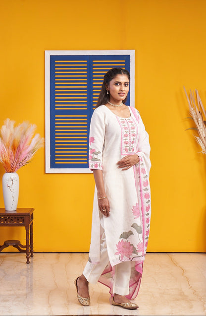 Ivory White Floral Printed Kurta Set with Pink Dupatta
