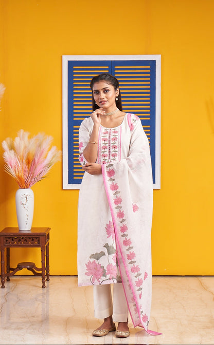Ivory White Floral Printed Kurta Set with Pink Dupatta