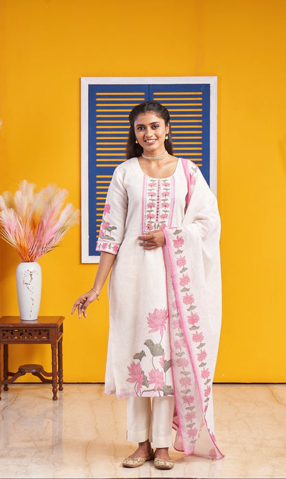 Ivory White Floral Printed Kurta Set with Pink Dupatta