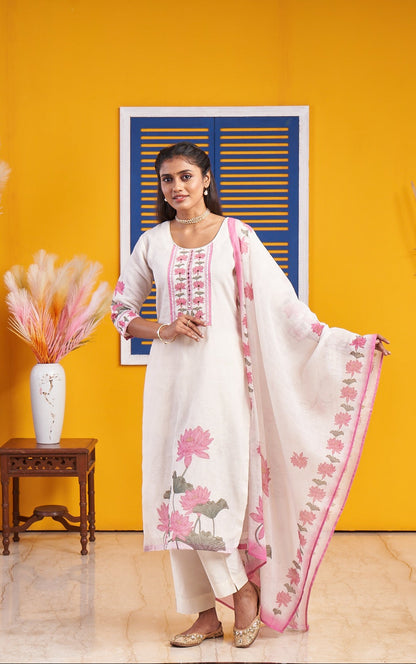 Ivory White Floral Printed Kurta Set with Pink Dupatta