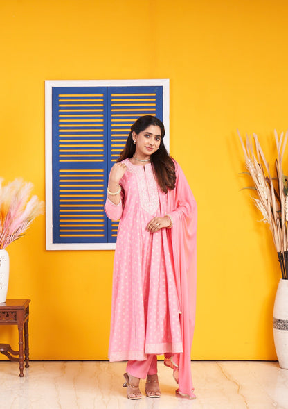 Blush Pink Embroidered Straight Kurta Set with Matching Dupatta