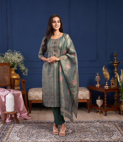 Sage Green Striped Kurta Set with Printed Dupatta