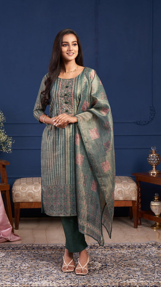 Sage Green Striped Kurta Set with Printed Dupatta