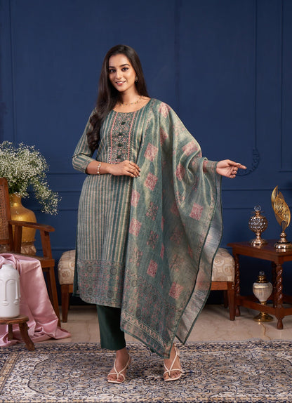 Sage Green Striped Kurta Set with Printed Dupatta