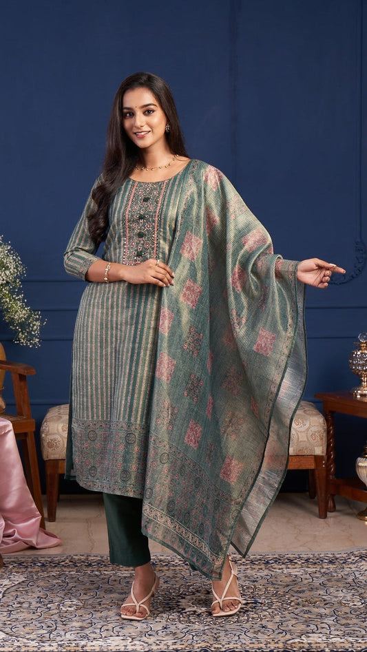 Sage Green Striped Kurta Set with Printed Dupatta