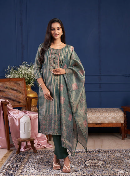 Sage Green Striped Kurta Set with Printed Dupatta