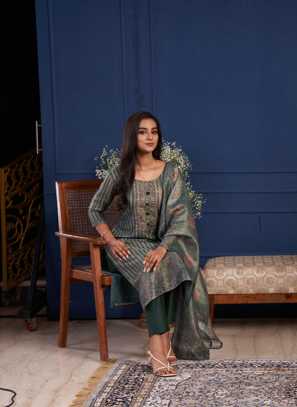 Sage Green Striped Kurta Set with Printed Dupatta