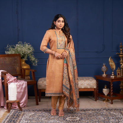 Caramel Beige Embroidered Straight Kurta Set with Printed Dupatta