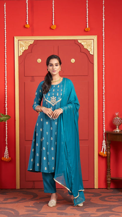 Elegant Teal Blue Embroidered Kurta Set with Dupatta