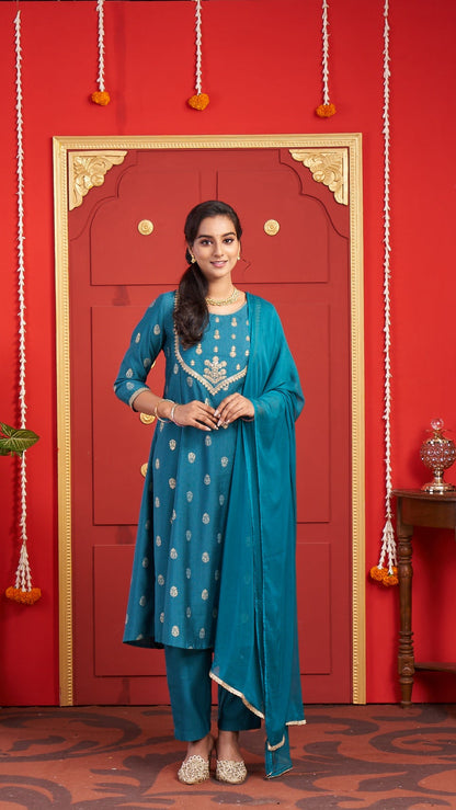 Elegant Teal Blue Embroidered Kurta Set with Dupatta
