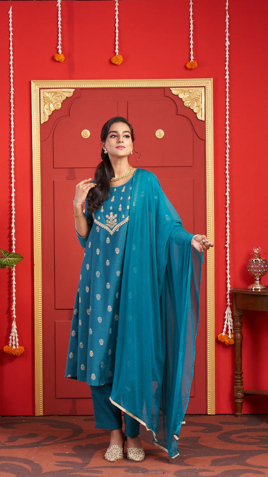Elegant Teal Blue Embroidered Kurta Set with Dupatta
