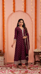 Burgundy Embroidered Kurta Set with Matching Dupatta