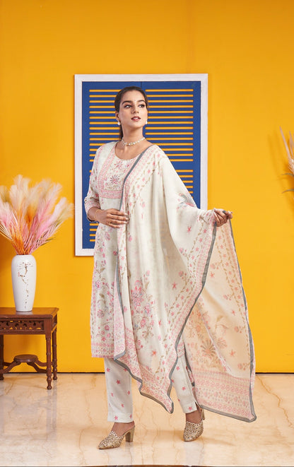Pastel Green Floral Printed Straight Kurta Set with Dupatta