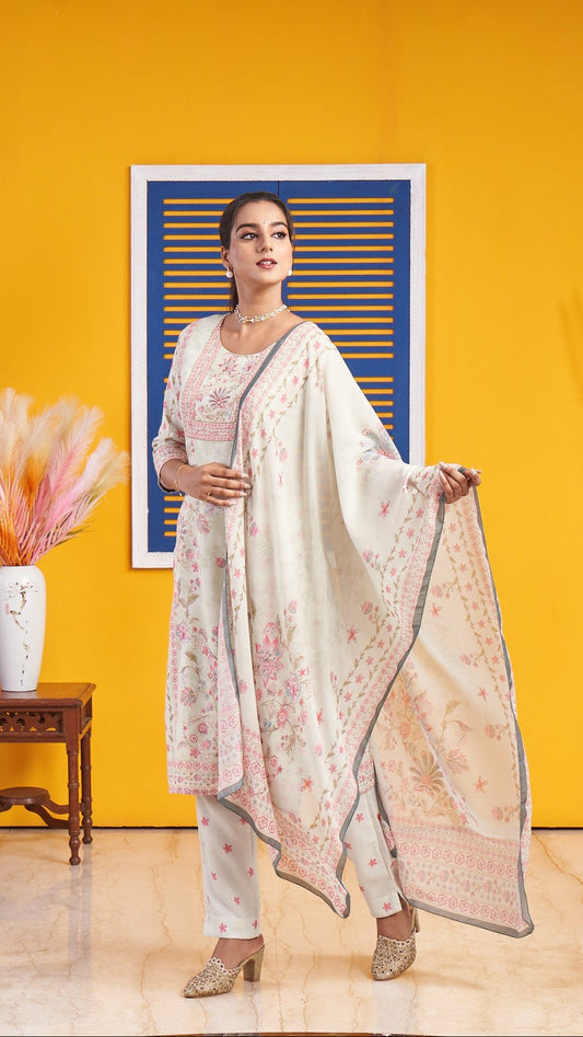 Pastel Green Floral Printed Straight Kurta Set with Dupatta