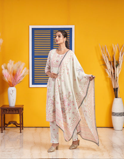 Pastel Green Floral Printed Straight Kurta Set with Dupatta