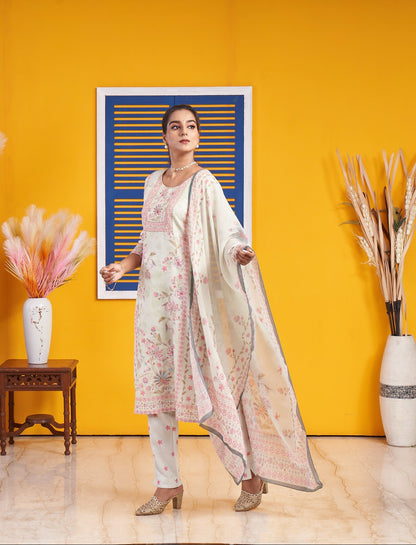 Pastel Green Floral Printed Straight Kurta Set with Dupatta