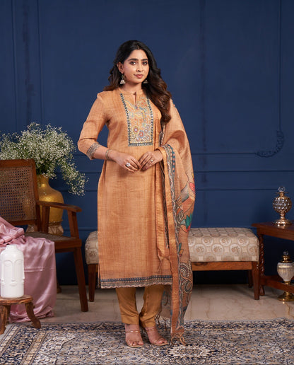 Caramel Beige Embroidered Straight Kurta Set with Printed Dupatta