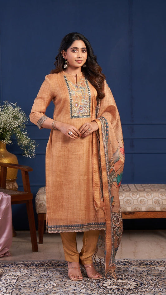 Caramel Beige Embroidered Straight Kurta Set with Printed Dupatta