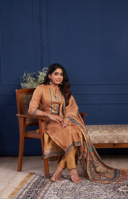 Caramel Beige Embroidered Straight Kurta Set with Printed Dupatta