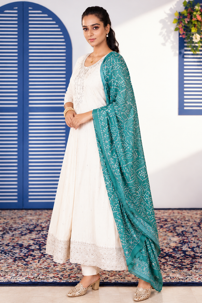 Off-White Anarkali Suit with Teal Green Printed Dupatta