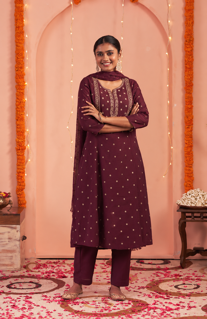 Elegant Burgundy Printed Kurta Set Matching Dupatta