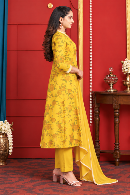 Mustard Yellow Floral Printed Kurta Set with Dupatta