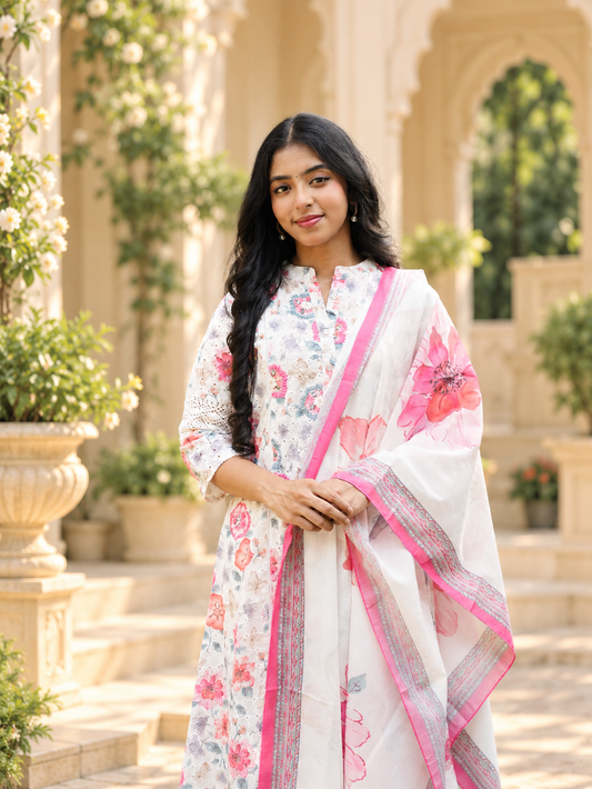 White Floral Printed Schiffli Kurta Set with Pink Border Dupatta