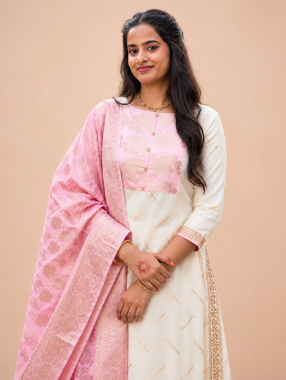Elegant Pastel Pink Floral Printed Kurta Set with Designer Dupatta