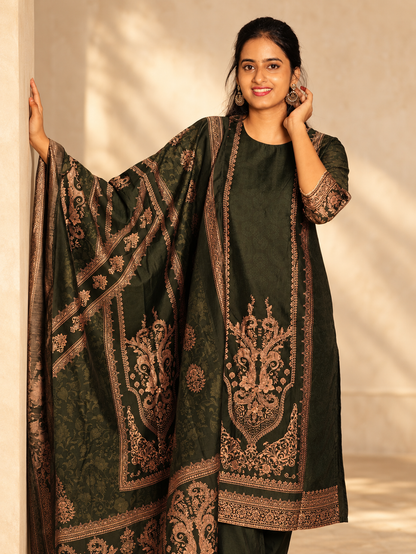 Mid Night Green Straight Kurta Set with Antique Copper Printed Dupatta