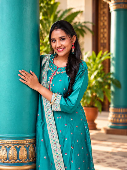 Teal Blue Anarkali Kurta Set with Brocade Dupatta