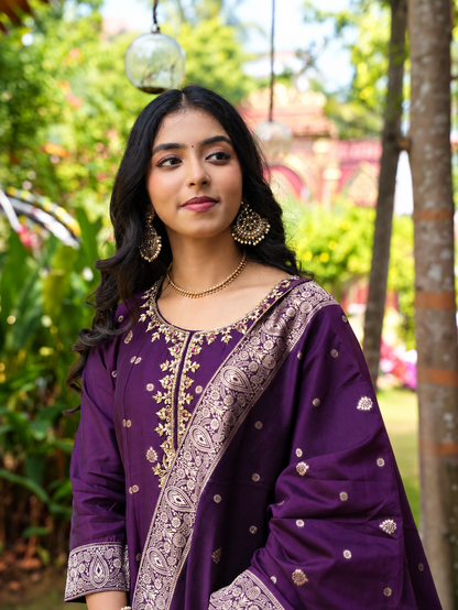 Purple Floral Brocade Anarkali Suit with Matching Dupatta