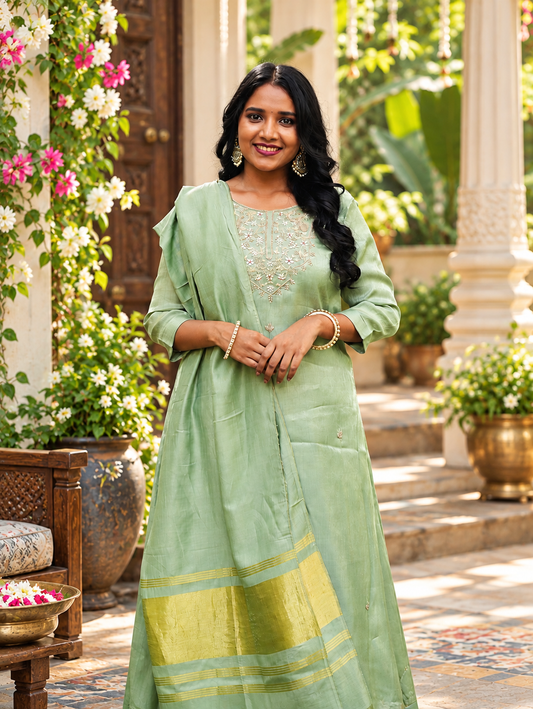 Sage Green  Kurta Set with Matching Dupatta