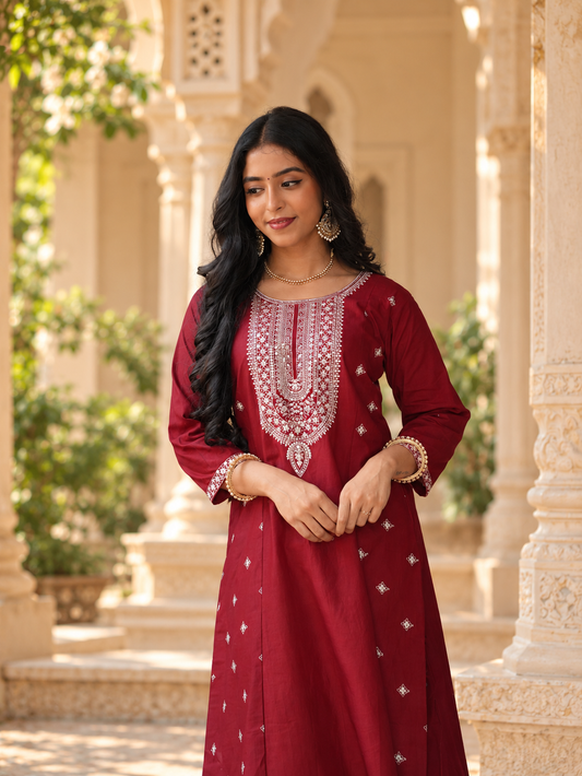 Deep Maroon Straight Kurta with Intricate Sliver Embroidery