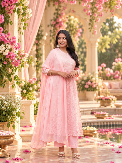 Elegant Baby Pink Embroidered Anarkali Kurta Set with Dupatta