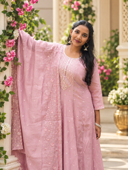 Dusty Pink Embroidered Anarkali Set with Matching Dupatta