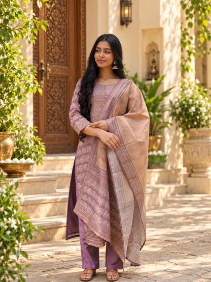 Mauve Purple Printed Straight Kurta Set with Beige Dupatta