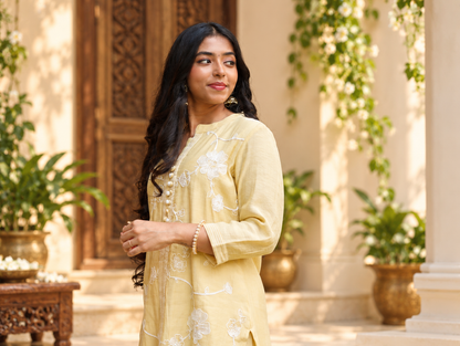 Pastel Yellow Floral Embroidered Straight Kurta Set