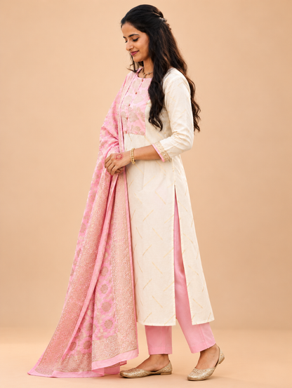 Elegant Pastel Pink Floral Printed Kurta Set with Designer Dupatta