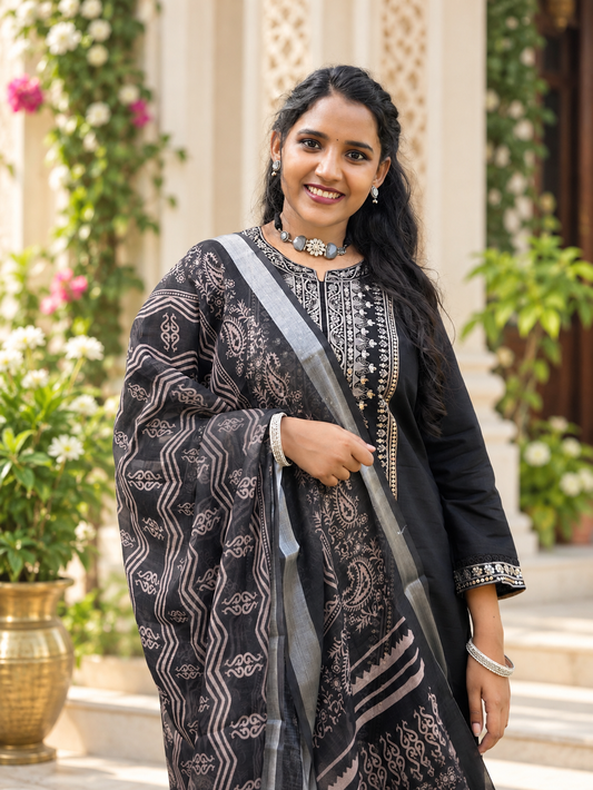 Black Straight Kurta Set with Printed Dupatta and Silver-Grey Accents