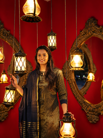 Navy Blue and Antique Gold Striped Straight Kurta with Matching Dupatta