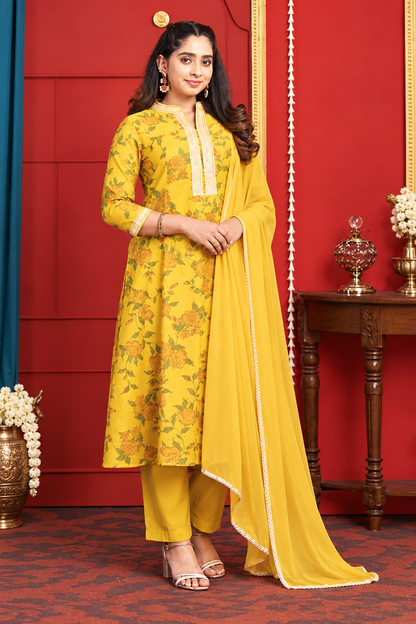 Mustard Yellow Floral Printed Kurta Set with Dupatta