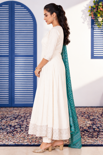 Off-White Anarkali Suit with Teal Green Printed Dupatta