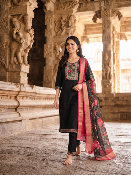 Elegant Black Embroidered Kurta Set with Pink Floral Digital Dupatta