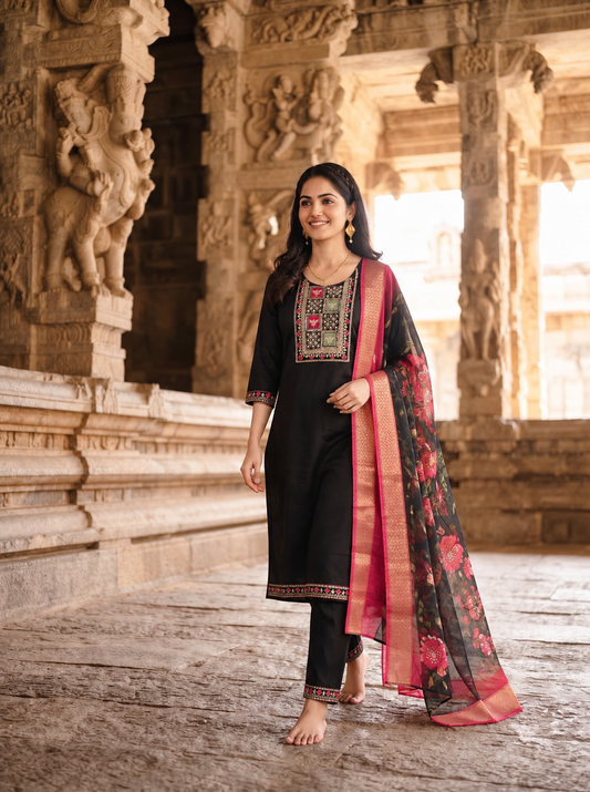 Elegant Black Embroidered Kurta Set with Pink Floral Digital Dupatta