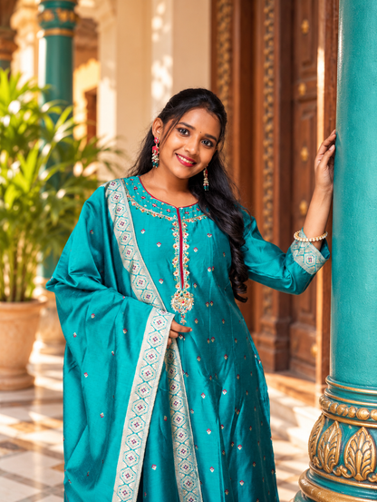 Teal Blue Anarkali Kurta Set with Brocade Dupatta