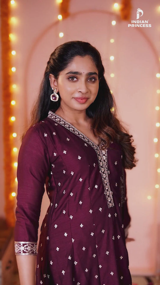 Burgundy Embroidered Kurta Set with Matching Dupatta