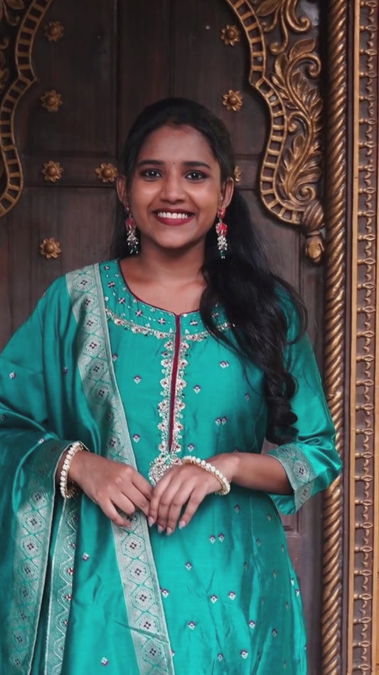 Teal Blue Anarkali Kurta Set with Brocade Dupatta