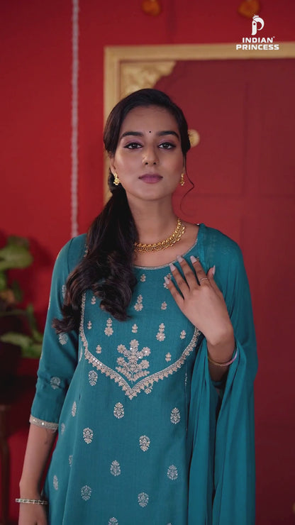 Elegant Teal Blue Embroidered Kurta Set with Dupatta