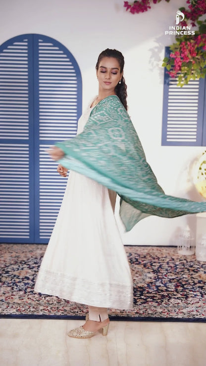 Off-White Anarkali Suit with Teal Green Printed Dupatta