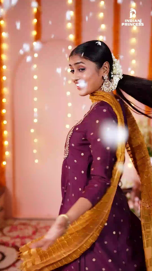 Elegant Burgundy Printed Kurta Set Matching Dupatta